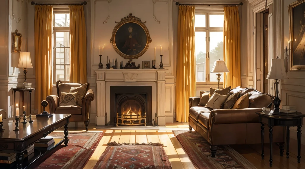 Interior, victorian Manor with reliquies, (((Nigth))), (((moonligth enters the living room))) soft pale orange palette, soft secundary exterior ligth