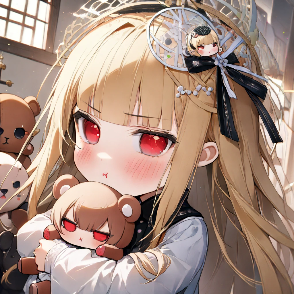 (8K, best quality, master piece: 1.2), super high resolution,1 girl,独奏,(chibi:1.4),15yo,ultra-detailed face,detailed eyes,Blonde,Long Hair, red eyes,blunt bangs,((pout)),blush,Portrait,white Fascinator,wearing a white dress with black polka dots,black bolero,hugging a stuffed teddybear,BREAK,Cuckoo clock,window,Rim Light,Shooting from the side,Messy room