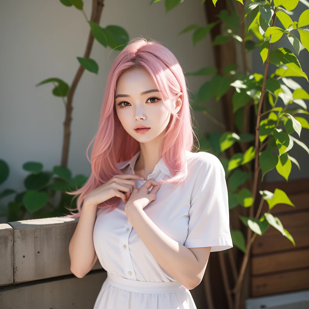 one-girl,Look to the lens,A pink-haired,Wear a ,tmasterpiece,high qulity,8K,best qualtiy,realisticlying,vibrant detail,1个Giant Breast Girl,adolable,Beautiful face rich in details,One guy,looki at viewer,The street is against the wall,which stands on the street,Uniforms,perfect detail。