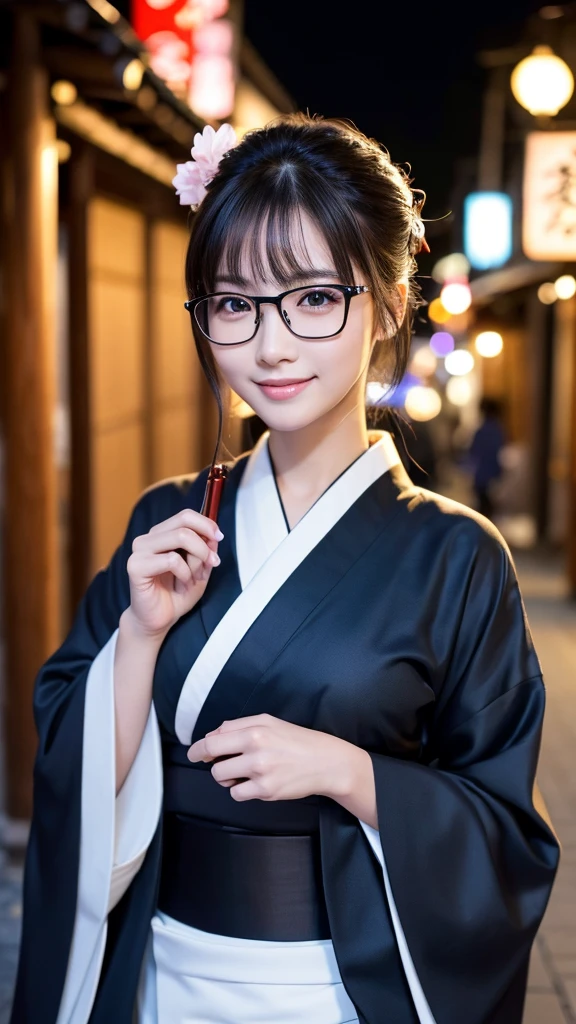 (Super beautiful woman in kimono)、((highest quality、8K masterpiece:1.3))、sharp focus:1.2、(super beautiful face:1.0)、(shiny skin:1.0)、realistic pictures、black hair、video lighting、High resolution eyes and face、video lighting、japanese actress、from the front、big breasts、with a happy smile、Slender abs beauty、whole body、wearing a kimono、in Kyoto、(((luxury obi)))、In Kyoto at night、wearing glasses with no edge、with a fan
