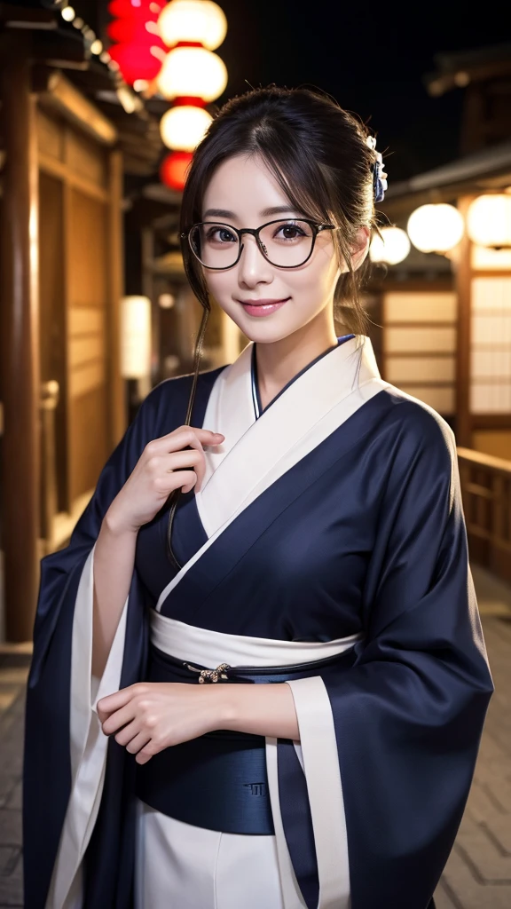 (Super beautiful woman in kimono)、((highest quality、8K masterpiece:1.3))、sharp focus:1.2、(super beautiful face:1.0)、(shiny skin:1.0)、realistic pictures、black hair、video lighting、High resolution eyes and face、video lighting、japanese actress、from the front、big breasts、with a happy smile、Slender abs beauty、whole body、wearing a kimono、in Kyoto、(((luxury obi)))、In Kyoto at night、wearing glasses with no edge、with a fan