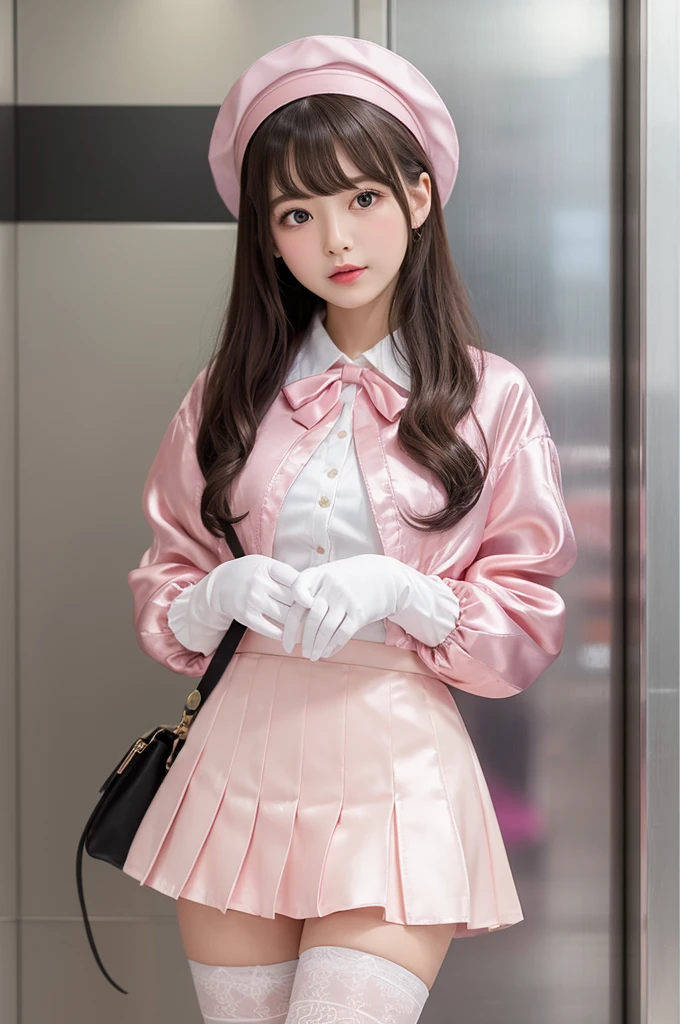 Highest quality、Elevator Girl、A short pink jacket made of shiny silk、White blouse with ribbon、Very short tight skirt、Micro Mini Skirt、A small round hat with a ribbon、Skinny、White gloves、White over-the-knee socks、Flushed Cheeks、Embarrassed look、Pulling the skirt with your hands