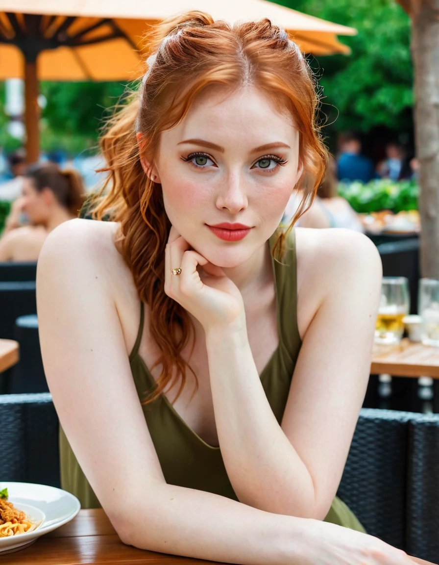 Photography full body portrait of a very beautiful realistic girl, sitting in the outdoor restaurant, eat chinese food, porcelain skin, very light skin, very pale skin, redhead, wavy, pony tail, Detail of skin structure, hazel eyes, Slit eyes, small-nose, small nostril, think of arched eyebrows, thick lower lip, seductive glance, happy face, unique face, Wear a casual dress, detailed photo, foto realista, Masterpiece Image, sharp image, clear daylight outside

