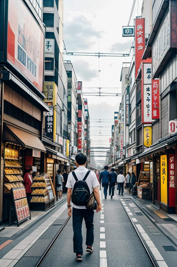 "A man is casually walking down a bustling street in Japan. On one side, a modern train glides smoothly along the tracks, while on the other side, an array of vibrant shops displays colorful signs and goods. The street is alive with activity, blending the traditional and contemporary elements of Japanese culture."