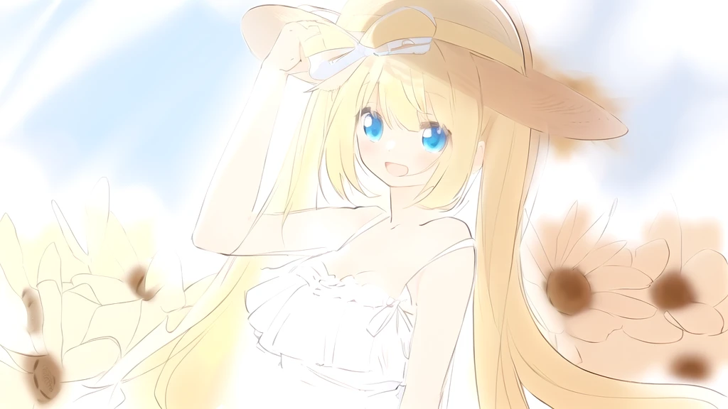 Anime girl wearing a straw hat with long golden ponytails and blue eyes with a field of sunflowers behind her, Anime Goddess,  In the anime painter studio, Soft anime illustration, Anime Shadows), Lolita in a skirt, Anime art style, Anime Shadows, Digital Animation Art!!, Produced in collaboration with Anime Painter Studio, pixiv style
