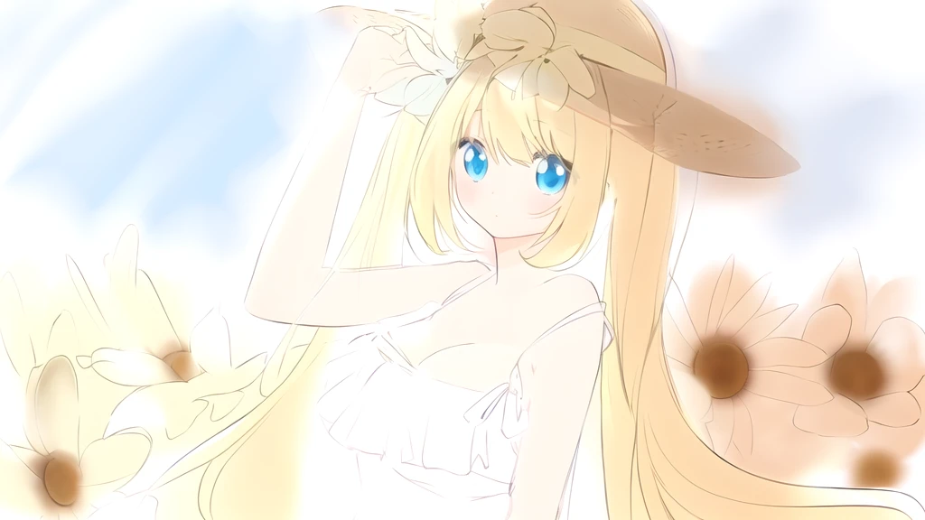 Anime girl wearing a straw hat with long golden ponytails and blue eyes with a field of sunflowers behind her, Anime Goddess, In the anime painter studio, Soft anime illustration, Anime Shadows), Lolita in a skirt, Anime art style, Anime Shadows, Digital Animation Art!!, Produced in collaboration with Anime Painter Studio, pixiv style