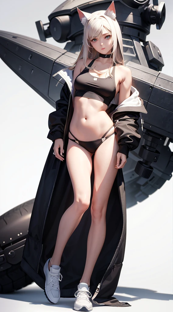((masterpiece, Highest_quality)), One girl, (Realistic:1.4), alone, white_background, brown_hair, length_hair, absolute_ryouiki, ((full_body)),Large hooded jacket_The zipper is closed only at the bottom、The belly button is visible、Short tank top_black、Cat ear、It has a big tail、Big sneakers