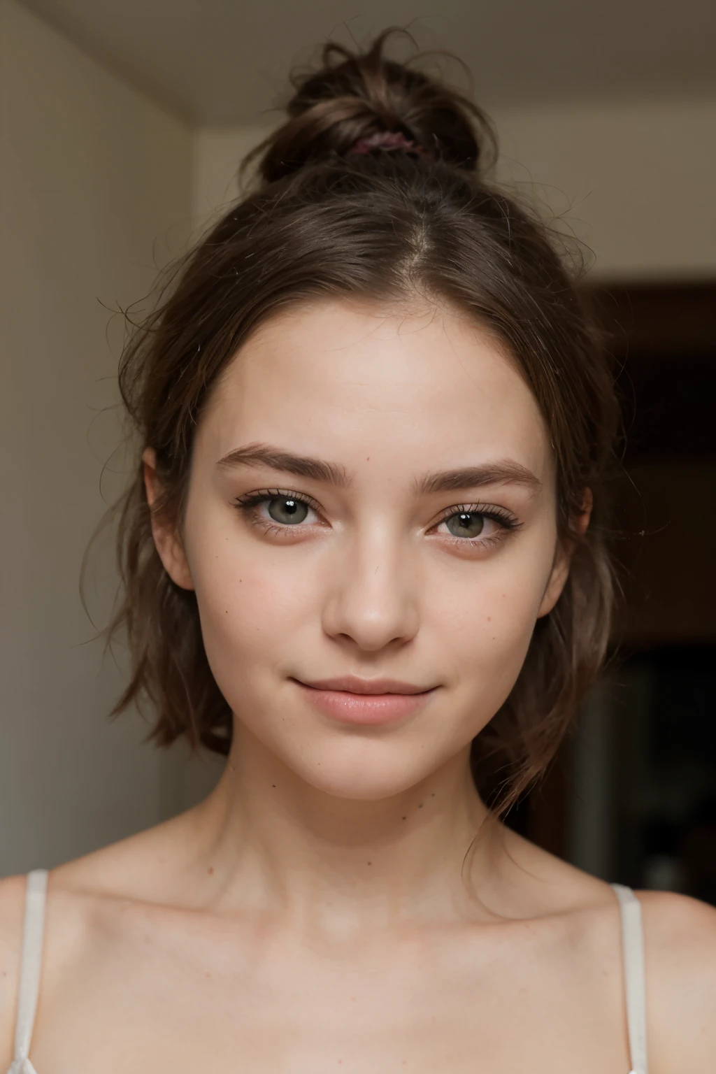 photo portrait realiste; une femme de 20 ans italienne, visage detaille de haute qualite, des yeux marrons; cheveux brun, visage naturel, jolie femme, visage souriant
