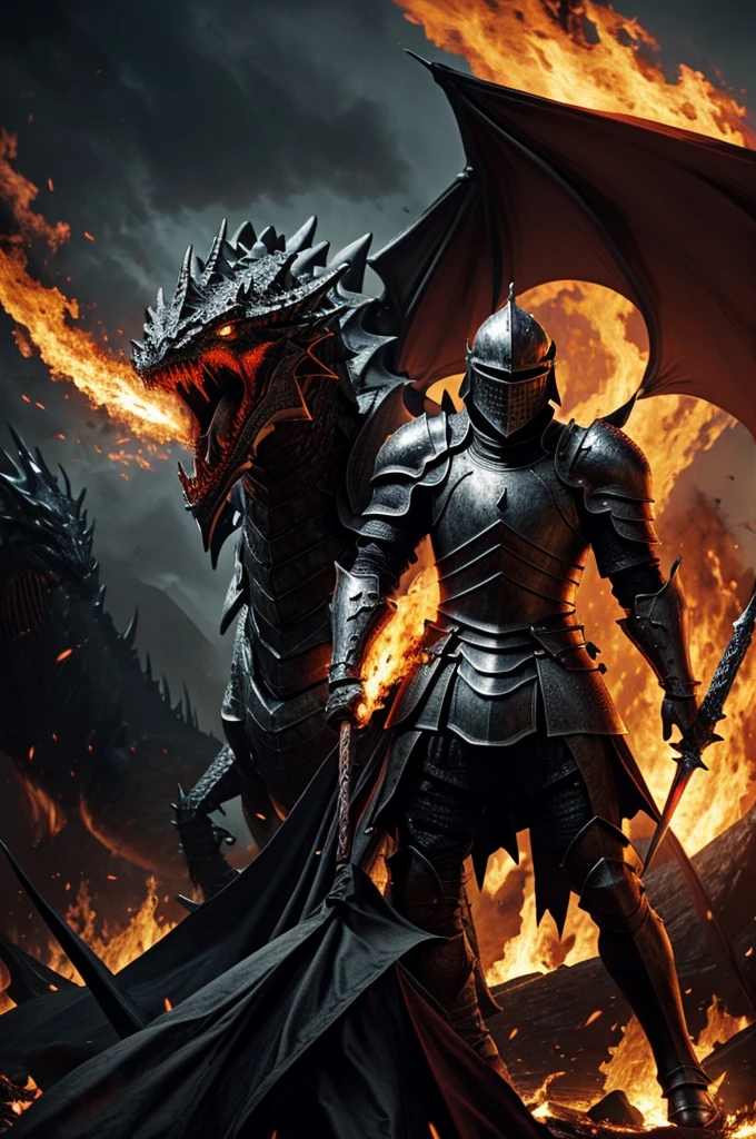 Knight in black armor with a giant dragon behind him, both wrapped in flames, looking intimidatingly ahead. And the knight carries a sword with red eyes, bright pads. Both are super high above hundreds of bodies.