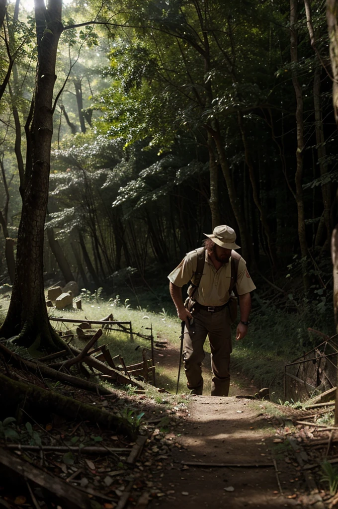 An archaeologist uncovering ancient ruins in a dense forest, searching for clues about the Holy Grail and King Arthur.