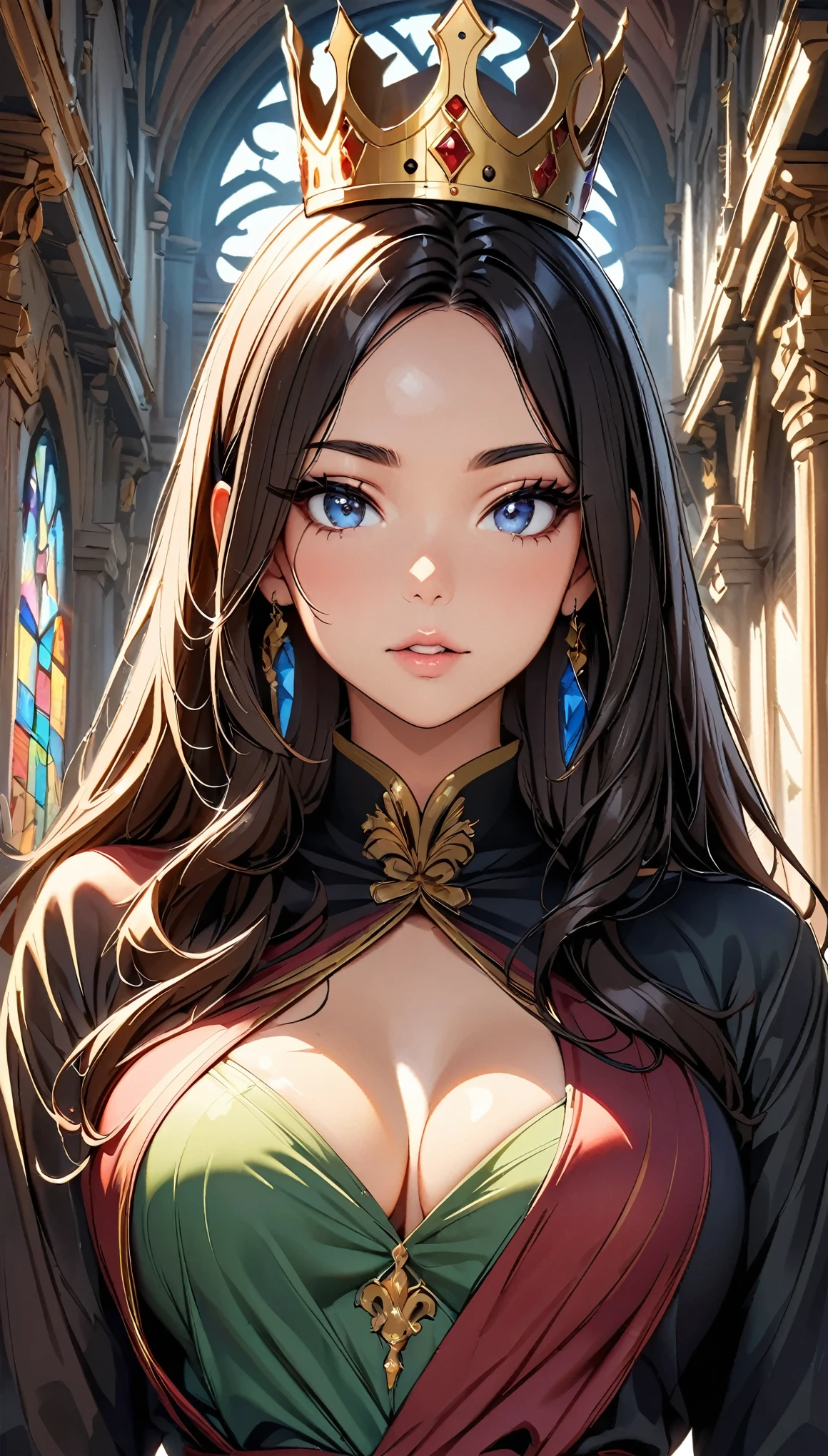(Highest quality:1.2, High detail, masterpiece:1.2, Best aesthetics), (1 Girl), Pomp and circumstance々, Queen, Dignity, style, Beautiful features, Beautiful woman royalty, 王宮の美しいQueen、Beautiful Hair, Shiny Hair, Beautiful Skin, Detailed face and eyes, Glossy Lips, Curvy Women, Intricate crown, Flowing dress silhouette, Elegant robes, Wang Wat, High ceiling hall, Marble pillar, Stained Glass Windows, chandelier, Luxurious interior, Detailed glasswork, Tapestry, Face Close Up:1.2, Dramatic lighting, Cinematic, Bright colors, Intricate details, Chiaroscuro lighting.