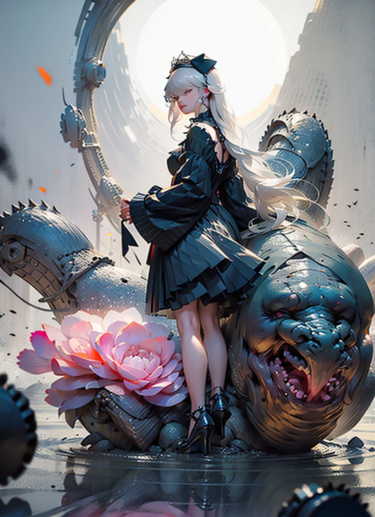 (Extremely delicate and beautiful:1.5),A Russian girl in her early 20s with ash grey hair, standing on your feet, solo, full body,Sweet face,Light smile,By bangs, Gemstone eyes, Contre-Jour,Long curly hair, Black-gothic-lolita dress, Keep one's mouth shut, seen from the side, lanterns, light particules, longer sleeves, looking at viewert,pink bows, The background is filled with seven color lays, The face is dense((must)), Masterpiece