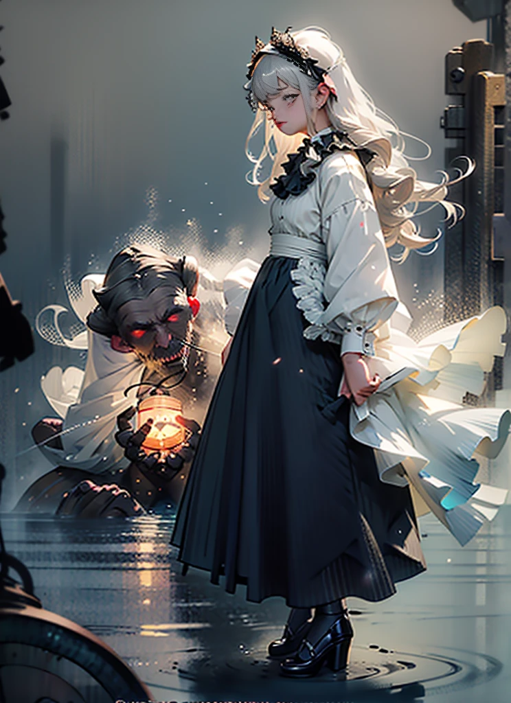 (Extremely delicate and beautiful:1.5),A Russian girl in her early 20s with ash grey hair, standing on your feet, solo, full body，Sweet face，Light smile，By bangs, Gemstone eyes, Contre-Jour，Long curly hair, Black-gothic-lolita dress, Keep one's mouth shut, seen from the side, lanterns, light particules, longer sleeves, looking at viewert，pink bows, The background is filled with seven color lays, The face is dense((must)), Masterpiece