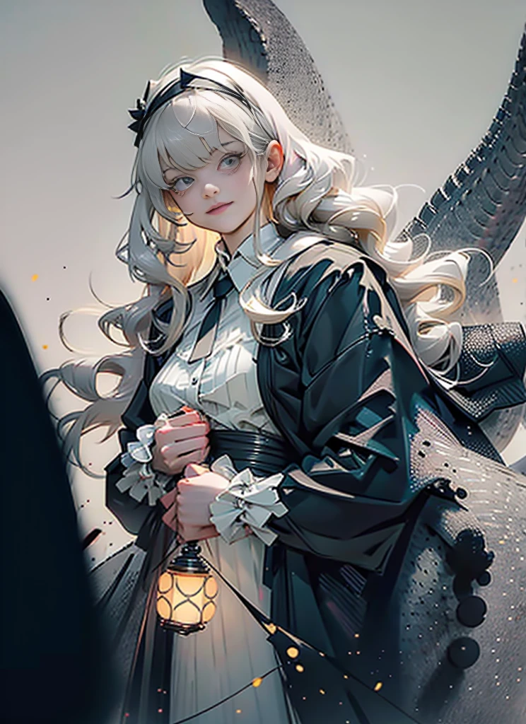 (Extremely delicate and beautiful:1.5),A Russian girl in her early 20s with ash grey hair, standing on your feet, solo, full body，Sweet face，Light smile，By bangs, Gemstone eyes, Contre-Jour，Long curly hair, Black-gothic-lolita dress, Keep one's mouth shut, seen from the side, lanterns, light particules, longer sleeves, looking at viewert，pink bows, The background is filled with seven color lays, The face is dense((must)), Masterpiece