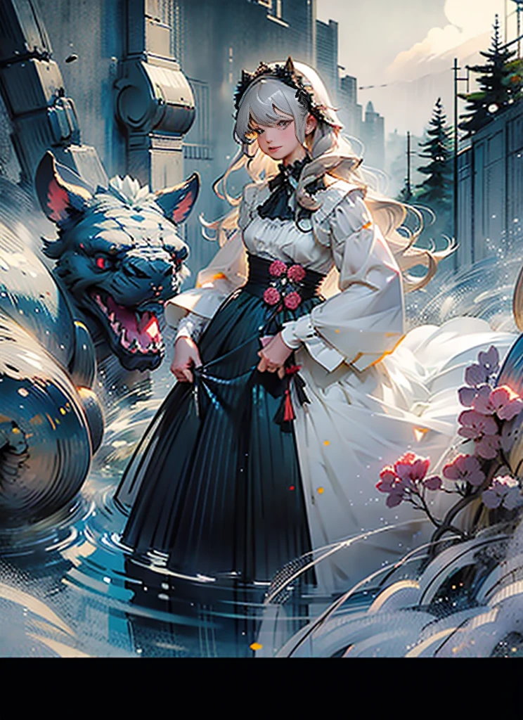 (Extremely delicate and beautiful:1.5),A Russian girl in her early 20s with ash grey hair, standing on your feet, solo, full body，Sweet face，Light smile，By bangs, Gemstone eyes, Contre-Jour，Long curly hair, Black-gothic-lolita dress, Keep one's mouth shut, seen from the side, lanterns, light particules, longer sleeves, looking at viewert，pink bows, The background is filled with seven color lays, The face is dense((must)), Masterpiece