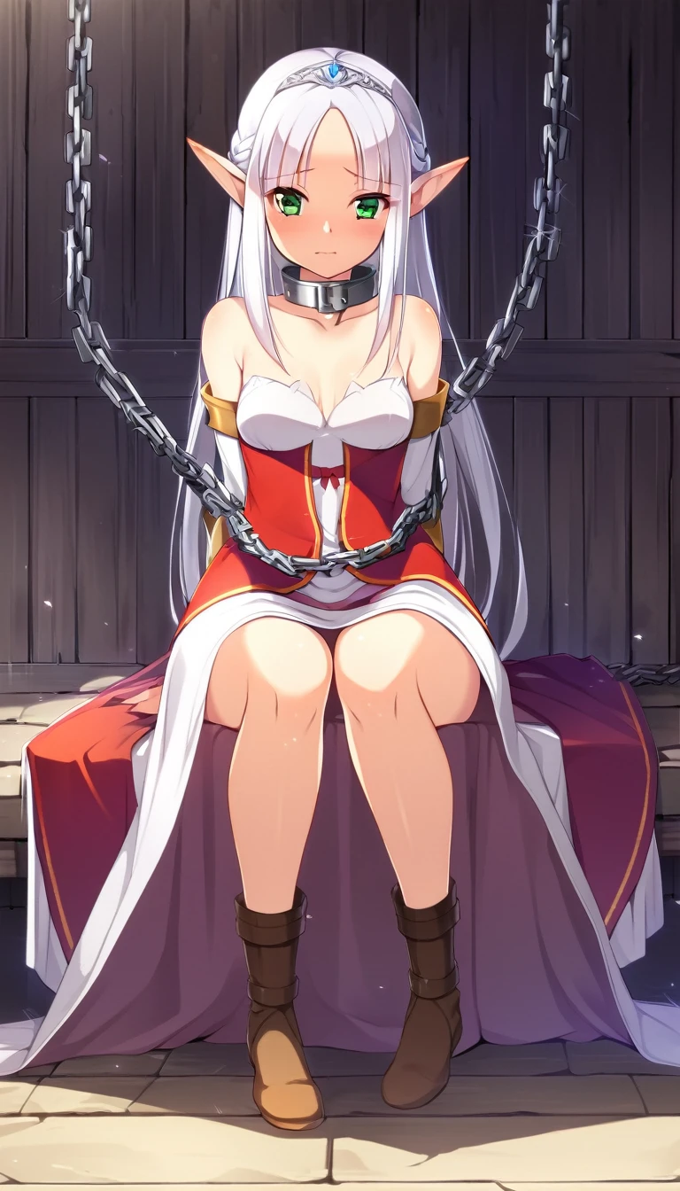 one girl, chained, slave, naive, beautiful white hair, princess, princess of elf, collar, discipline, cute
