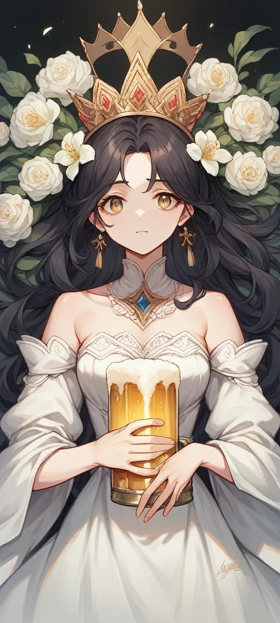 wife , nain ,  and big , white dress , crown of flowers in her dark hair , yeux joyeux , a beer in your hand