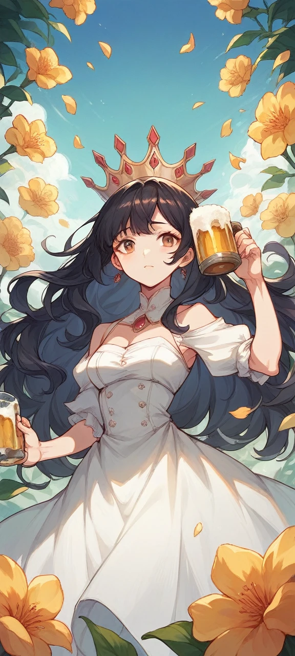 wife , nain ,  and big , white dress , crown of flowers in her dark hair , yeux joyeux , a beer in your hand