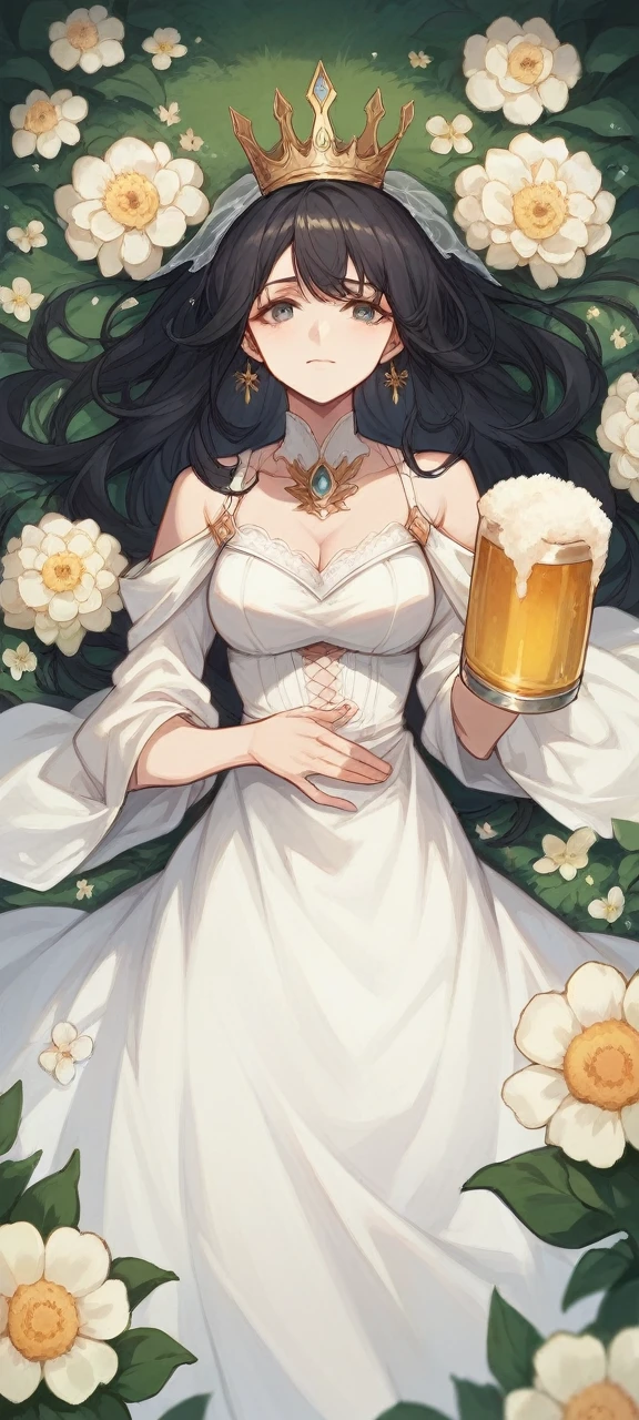 wife , nain , and big , white dress , crown of flowers in her dark hair , yeux joyeux , a beer in your hand