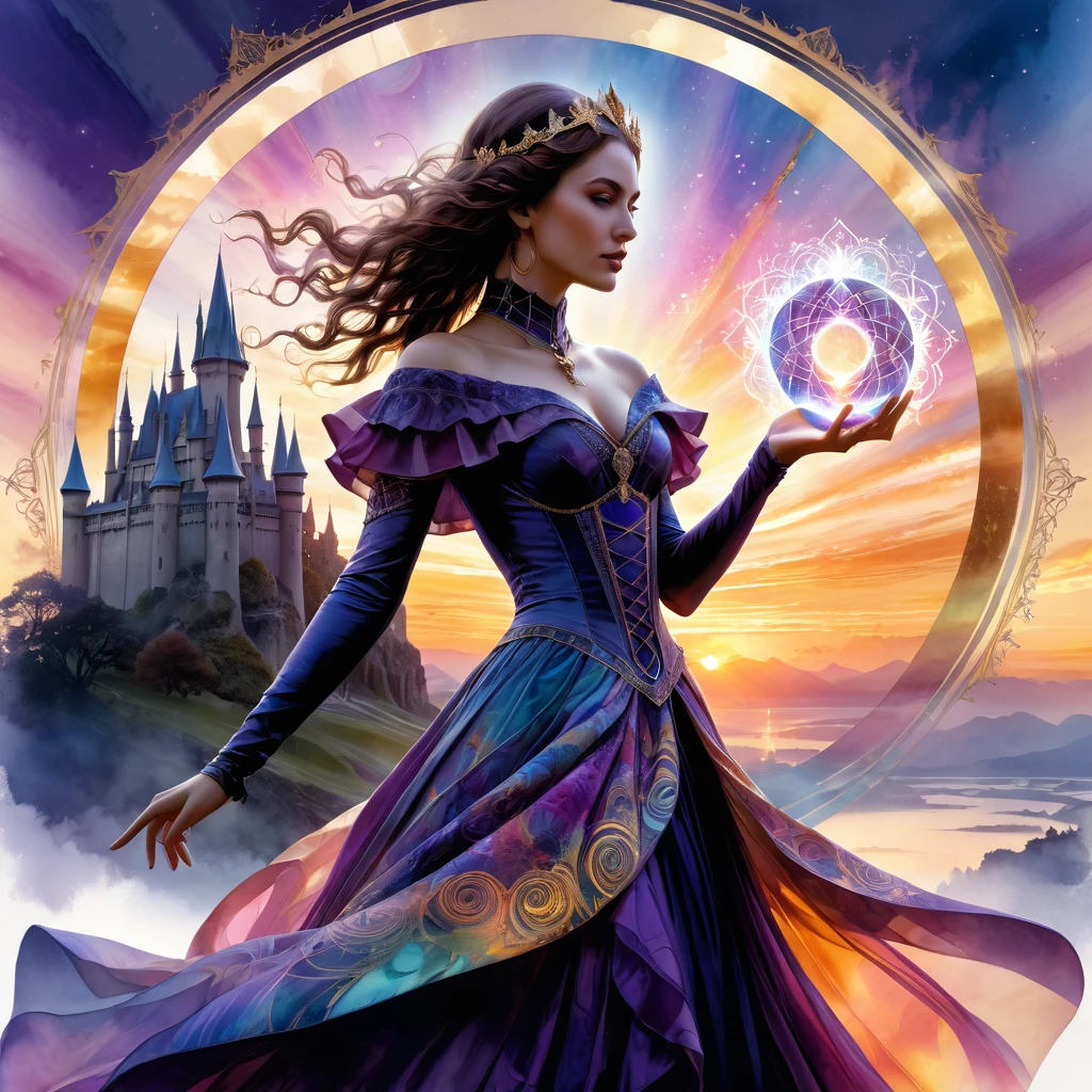 (Magic Circle:1.5), aesthetic, extremely detailed, Digital fantasy double exposure watercolor silhouetted pretty young sorceress woman,liliana vess, doing a magic spell with a present castle sunset in the dress. Geometric forms in the background, by Waterhouse, Carne Griffiths, Minjae Lee, Ana Paula Hoppe, Stylized watercolor art, Intricate, Complex contrast, HDR, Sharp, soft Cinematic Volumetric lighting, flowery fractal colours, wide long shot, perfect masterpiece