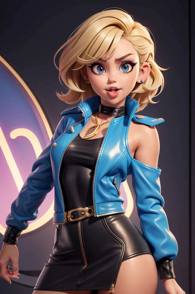 obra prima, melhor qualidade, ((only one woman,)) ((miley cyrus, tan skin, wavy bob hair, open mouth, sticking tongue out side of mouth,)) head back, (sassy wicked sultry sneer, big teeth smile,) open mouth, pucker mouth, sunglasses, ((thick smoky black eye shadow, long fake eyelashes, sticking tongue out,)) (cerulean blue leather jacket with puff shoulder,) biker jacket has stiff collar, leather blouse, (magenta leather sweater dress, metallic leather sun dress, leather culottes,) ((gold blazer length leather coat,)) (periwinkle pvc skirt, pockets, unzipped front,) studs zippers snaps, shiny leather gloves, nip slip, body is skinny, shiny tight buttocks, arched back, camera view of whole body, looking up at me, shallow depth of field, highres, HD, 8k, anatomically correct
