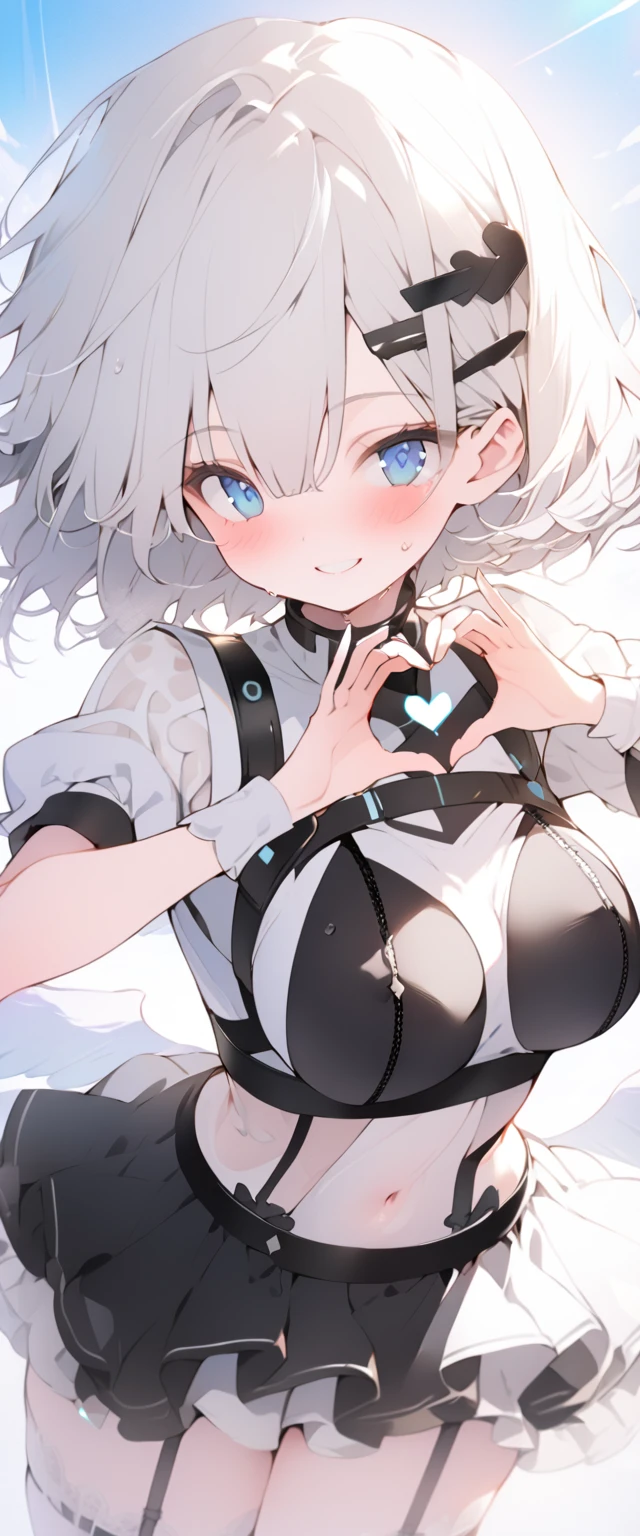 beautiful, masterpiece, Highest quality, anime, One girl, C Cup,Portrait Shot, View your viewers, Covered、Short Hair、nearby、Blue Eyes、art、、White hair,Blue streaked hair、hairpin、Cute smile、Thighs、Cute、blue sky、Beautiful breasts、Full Harness、valley、Sweat、Under Harness、Body Harness、Tightening、Penetration、white_Sci-fi combat uniform、white_SFなgarter beltアンダースコート、pierced、See-through_navel、whiteボディストッキング、black_garter belt、Sci-fi skirt、heart hands、Idol Pose