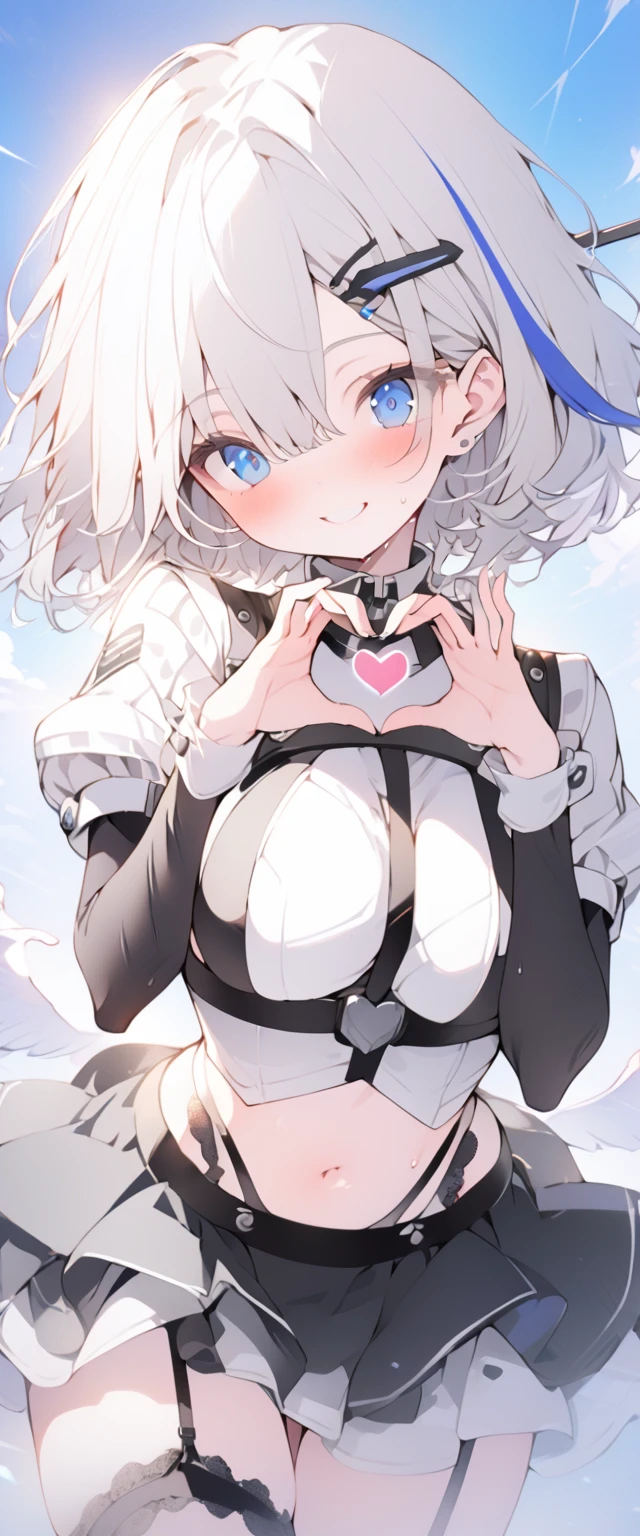 beautiful, masterpiece, Highest quality, anime, One girl, C Cup,Portrait Shot, View your viewers, Covered、Short Hair、nearby、Blue Eyes、art、、White hair,Blue streaked hair、hairpin、Cute smile、Thighs、Cute、blue sky、Beautiful breasts、Full Harness、valley、Sweat、Under Harness、Body Harness、Tightening、Penetration、white_Sci-fi combat uniform、white_SFなgarter beltアンダースコート、pierced、See-through_navel、whiteボディストッキング、black_garter belt、Sci-fi skirt、heart hands、Idol Pose
