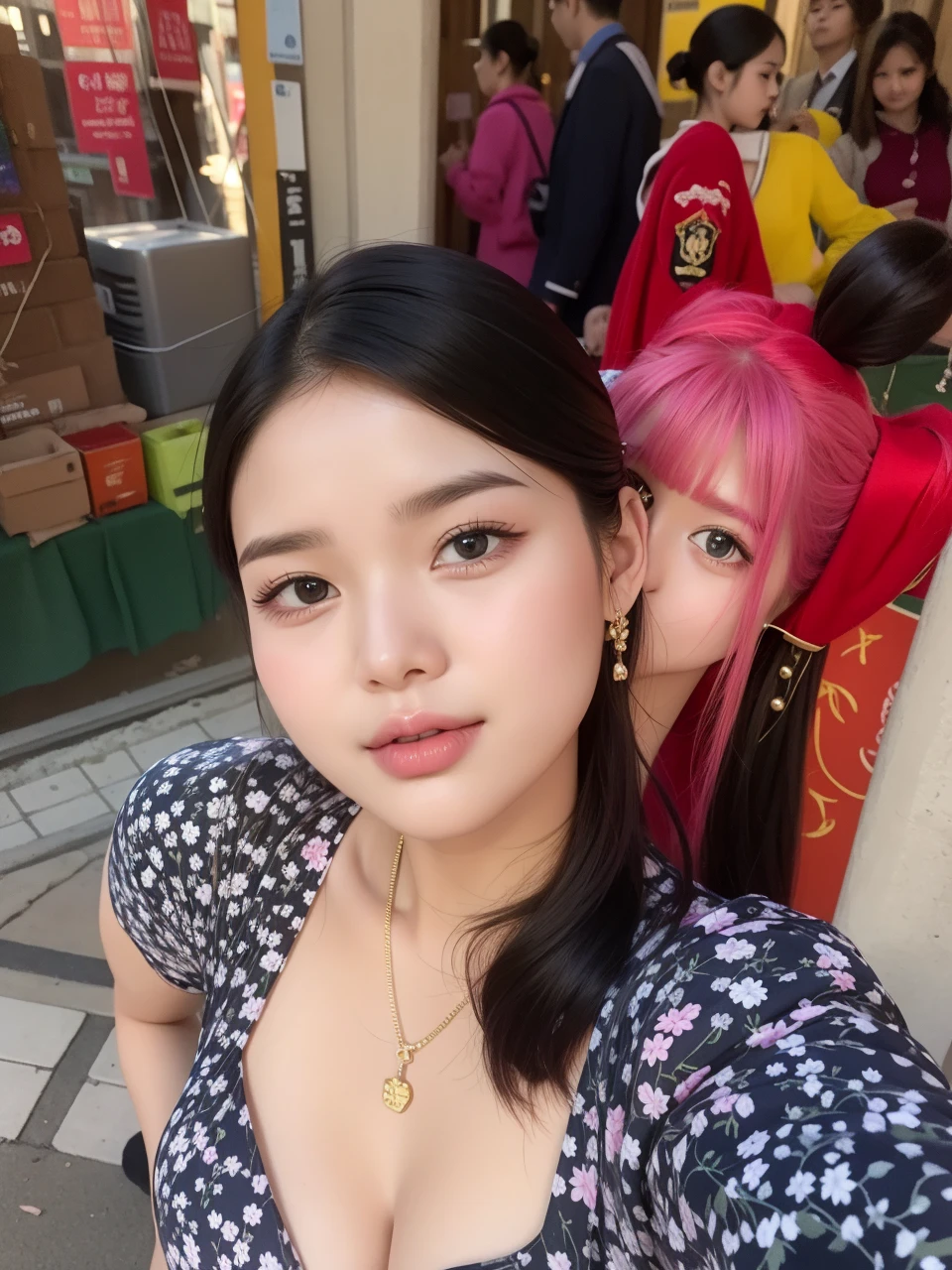one-girl,Look to the lens,A pink-haired,Wear a ,tmasterpiece,high qulity,8K,best qualtiy,realisticlying,vibrant detail,1个Giant Breast Girl,adolable,Beautiful face rich in details,One guy,looki at viewer,The street is against the wall,which stands on the street,Uniforms,perfect detail。