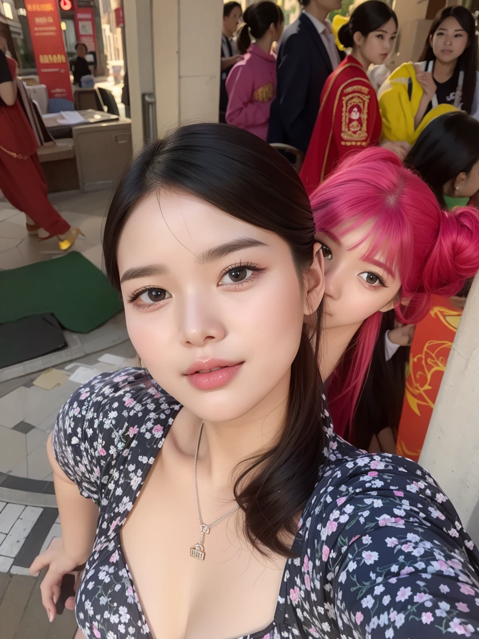 one-girl，Look to the lens，A pink-haired，Wear a ，tmasterpiece，high qulity，8K，best qualtiy，realisticlying，vibrant detail，1个Giant Breast Girl，adolable，Beautiful face rich in details，One guy，looki at viewer，The street is against the wall，which stands on the street，Uniforms，perfect  detail。