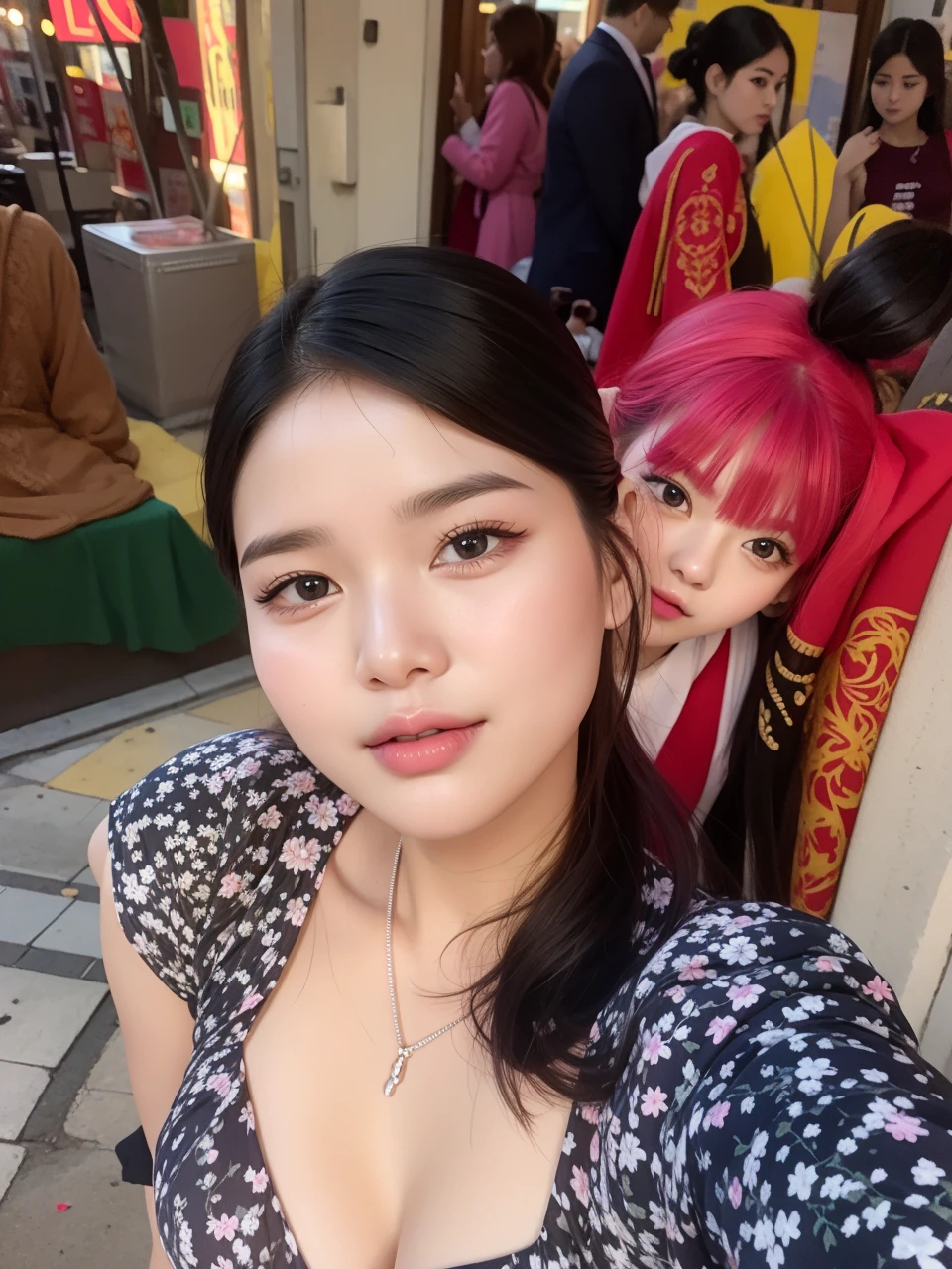 one-girl，Look to the lens，A pink-haired，Wear a ，tmasterpiece，high qulity，8K，best qualtiy，realisticlying，vibrant detail，1个Giant Breast Girl，adolable，Beautiful face rich in details，One guy，looki at viewer，The street is against the wall，which stands on the street，Uniforms，perfect  detail。