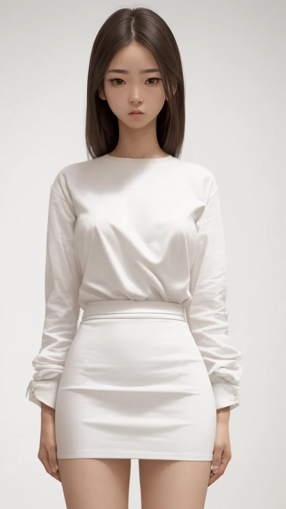 (work of art, best qualityer,:1.2), 1 girl, (standing alone:1.3), trunk, white shirt, manga curta, , (Waifu, realisitic, real-life, Outstanding, better aesthetics, nya, nyaest, best qualityer, work of art:1.2), soft_lighting, soft_Skinned_tom, Female_body hair, (White background, simple background,:1.2),