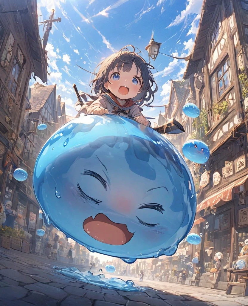 A small swordsman riding a blue slime, In town、Clear blue sky、adventure、Fisheye Lens、SLR、Feel the depth、Fun Expressions