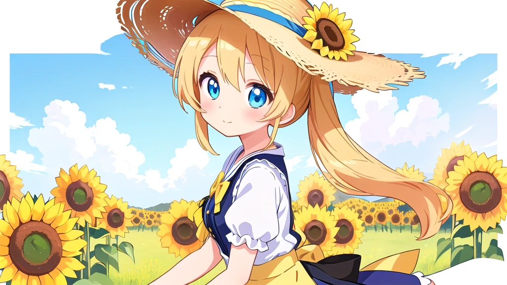 Anime girl wearing a straw hat with long golden ponytails and blue eyes with a field of sunflowers behind her, Anime Goddess,  In the anime painter studio, Soft anime illustration, Anime Shadows), Lolita in a skirt, Anime art style, Anime Shadows, Digital Animation Art!!, Produced in collaboration with Anime Painter Studio, pixiv style