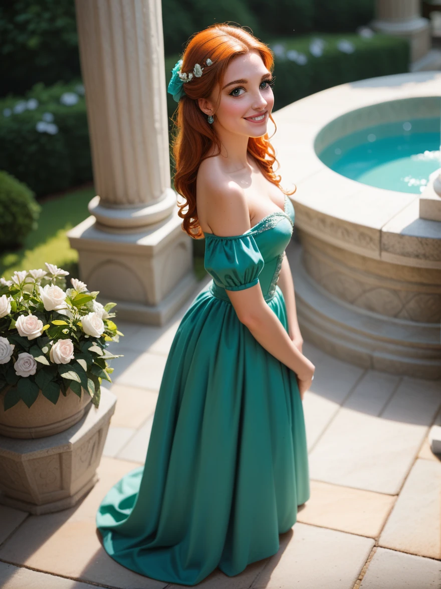 (score_9, score_8_above, score_7_above:1.1), fountain_Cartoon, (semi-realistic disney Cartoon, volumetric lighting:1.1), 1 girl, Royal Garden, Castillo medieval, elegant green dress, off shoulder dress, (shy smile:0.9), cute woman, , ginger, wide, side view, aboveper body