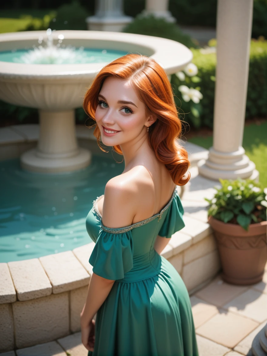 (score_9, score_8_above, score_7_above:1.1), fountain_Cartoon, (semi-realistic disney Cartoon, volumetric lighting:1.1), 1 girl, Royal Garden, Castillo medieval, elegant green dress, off shoulder dress, (shy smile:0.9), cute woman, , ginger, wide, side view, aboveper body