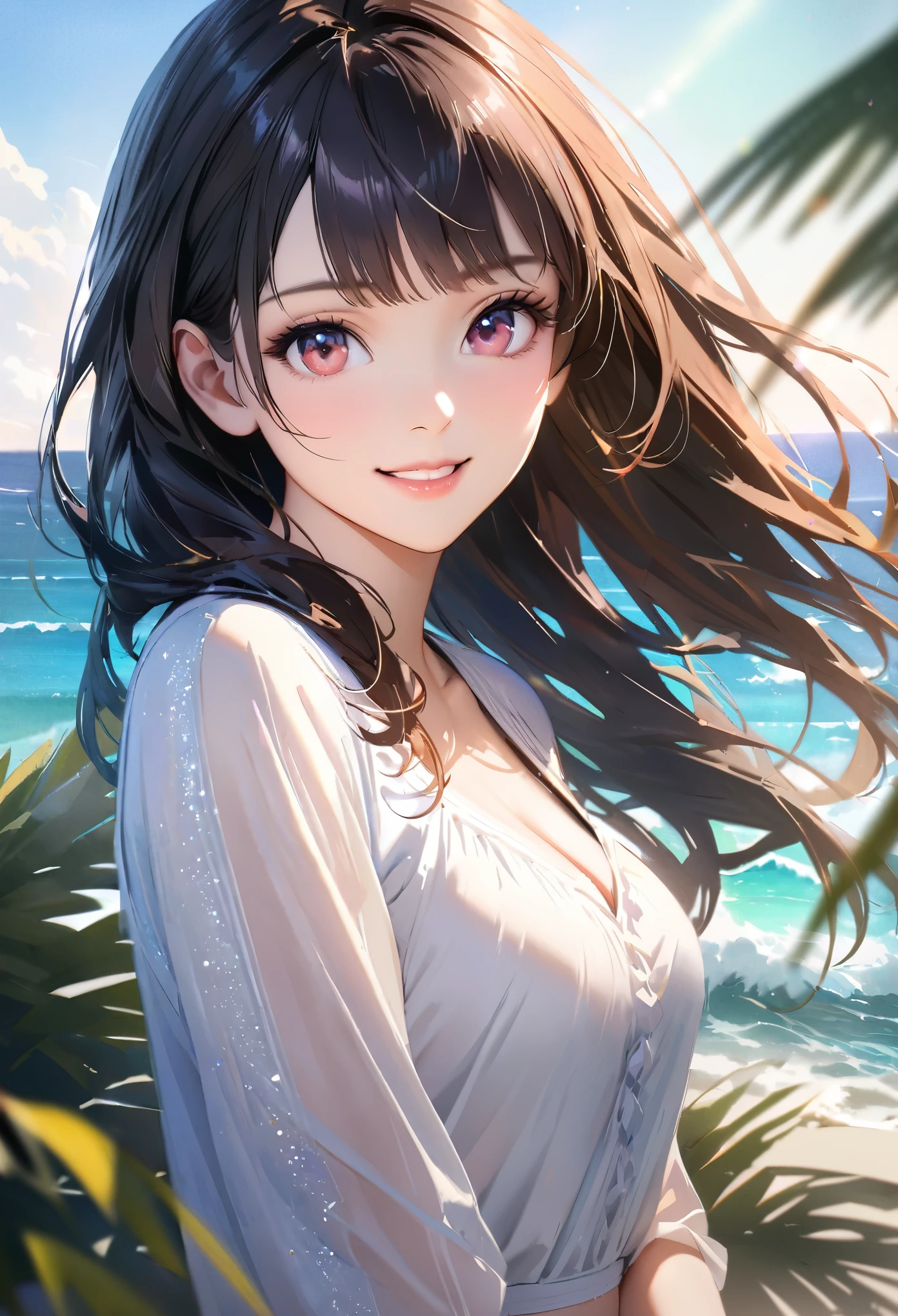 Sparkling sea and tropical ocean, Sunny sky with fluffy white clouds, Palm trees along the coast, Blur the background,Pleasant sea breeze,Young woman with dark hair, Swimwear,smile,Glitter effect,Highest quality, 4K, 8K, High resolution, masterpiece:1.2, Very detailed, Realistic:1.37, High resolution, 超High resolution, Studio Lighting, Ultra-fine painting, Sharp focus, Physically Based Rendering, Very detailedな説明, Professional, Vibrant colors