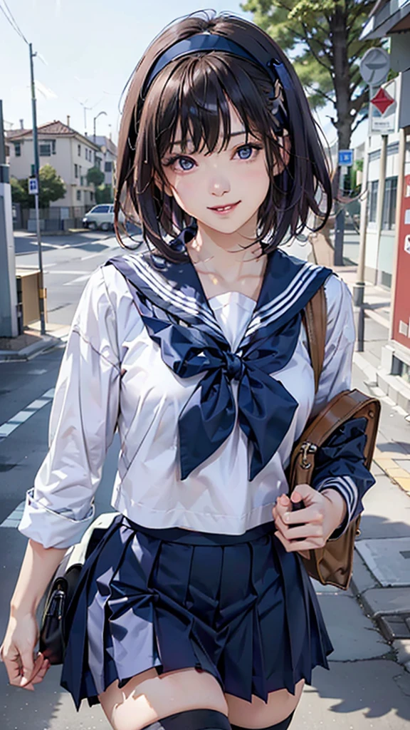 Sailor suit, One Woman, (Beautiful woman, delicate :1.3), Black Hair, Bobcut, Buns pats, 8K, Highest quality, masterpiece, Very detailed, Ultra-high resolution, Realistic, RAW Photos, Absolute Resolution, face is small compared to body (4:1), Very small face (4:1), The face is balanced, Black Hair, Sailor suit, Long dark blue skirt, Realistic女子高生, ((White headband)), Small breasts, expensive, Slanted Eyes, Purple eyes, (In front of the school gate), (Black Stockings), Open your mouth, smile, Top-down position, stand, Back Bag, 