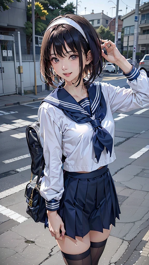 Sailor suit, One Woman, (Beautiful woman, delicate :1.3), Black Hair, Bobcut, Buns pats, 8K, Highest quality, masterpiece, Very detailed, Ultra-high resolution, Realistic, RAW Photos, Absolute Resolution, face is small compared to body (4:1), Very small face (4:1), The face is balanced, Black Hair, Sailor suit, Long dark blue skirt, Realistic女子高生, ((White headband)), Small breasts, expensive, Slanted Eyes, Purple eyes, (In front of the school gate), (Black Stockings), Open your mouth, smile, Top-down position, stand, Back Bag,