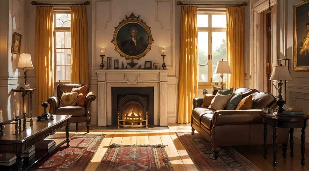 Interior, victorian Manor with reliquies, (((Nigth))), (((moonligth enters the living room))) soft pale orange palette, soft secundary exterior ligth