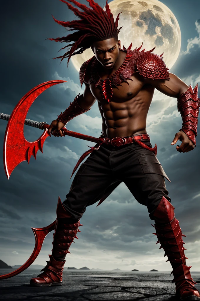 A young 21 year old African American male, BROWN SKIN.
With red eyes and completely blood red and disheveled hair..
Tall and athletic body.
With black dragon scales all over his body with red details and a large scythe in a very aggressive attacking stance.
anime style.