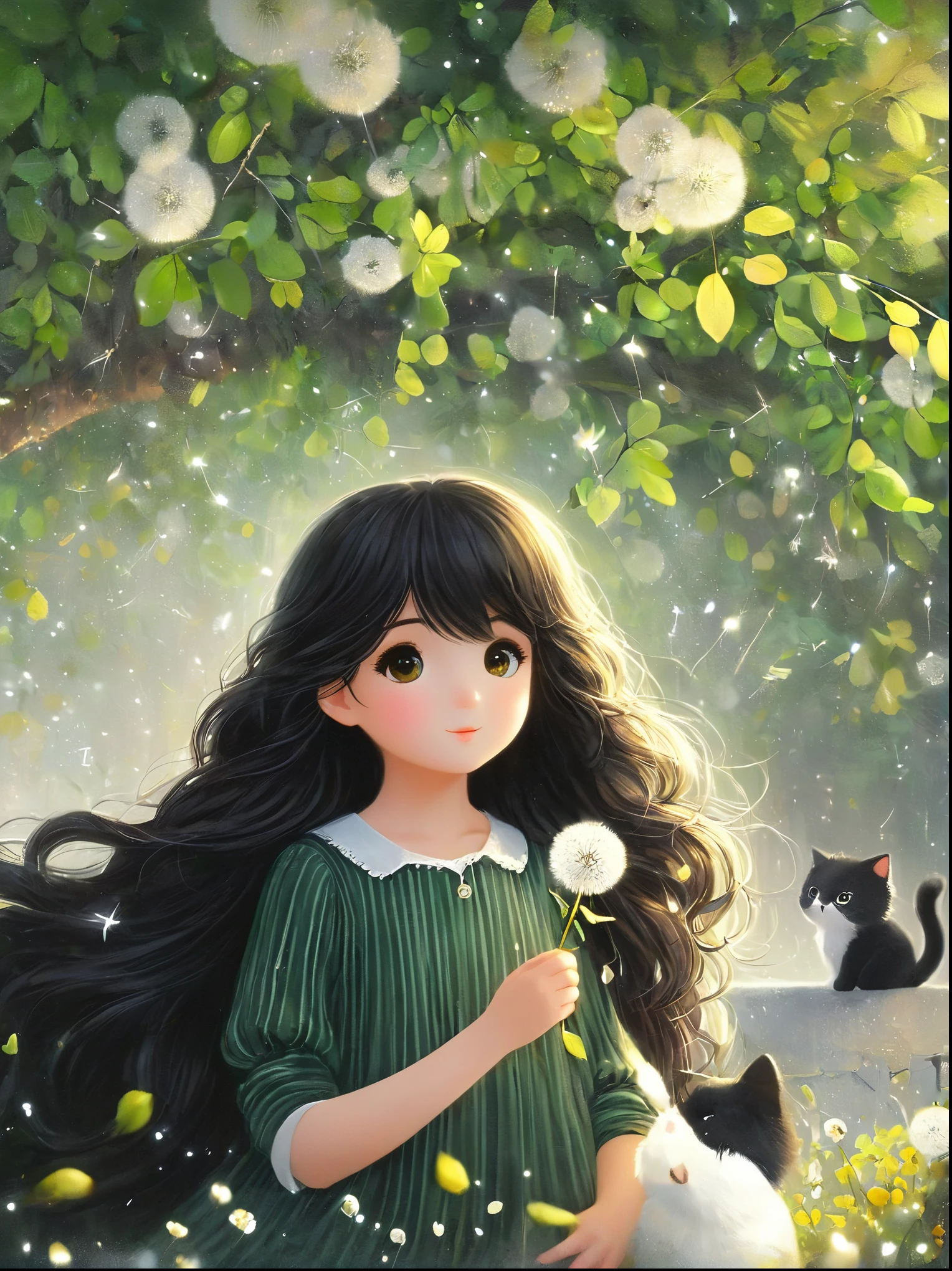 1 Girl, 独奏, Long hair, Black Hair, Long sleeve, skirt, Keep, perpetual, myopia, flower, Artist Name, sign, from the side, Tree, contour, animal, Watermark, Wavy Hair, flower卉印flower, Cat, plant, , Nature, Network skirt, forest, curls, Green dress, vine，Glowing silver light，Innocence，storybook-like，对Nature的温柔描绘，Wear，so beautiful, in the style of Amanda clark, Evgeni gordiets