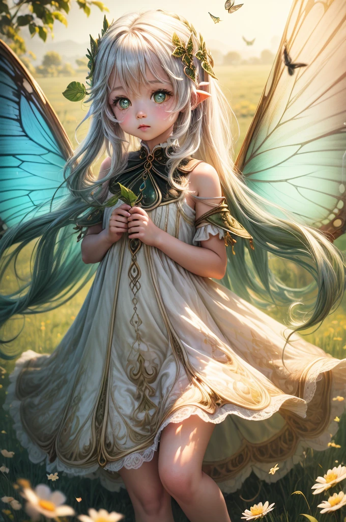 "((Innocent)) girl, golden hour, dreamy meadow, ethereal, whimsical, flowing dress, soft sunlight, enchanting, butterfly wings, (pastel clouds), liquid reflections