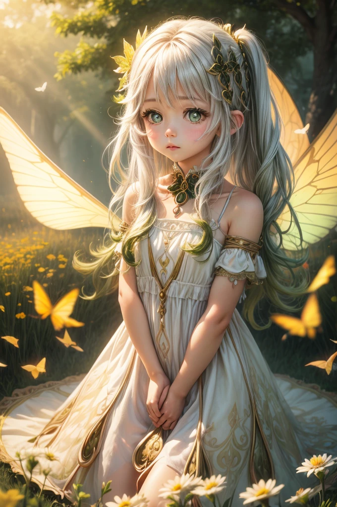 "((Innocent)) girl, golden hour, dreamy meadow, ethereal, whimsical, flowing dress, soft sunlight, enchanting, butterfly wings, (pastel clouds), liquid reflections