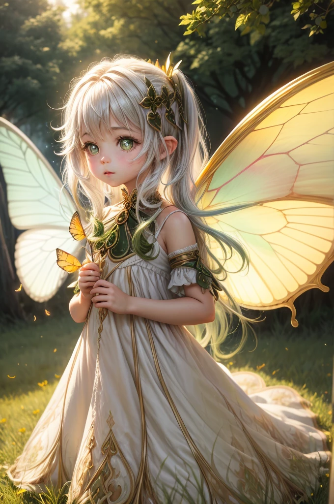 "((Innocent)) girl, golden hour, dreamy meadow, ethereal, whimsical, flowing dress, soft sunlight, enchanting, butterfly wings, (pastel clouds), liquid reflections