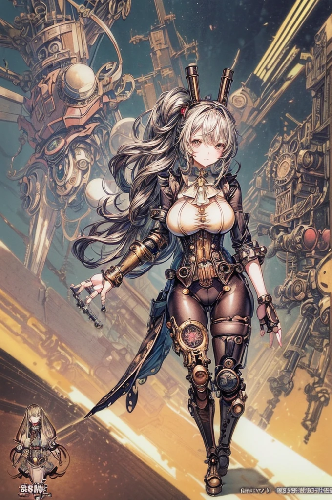 ((best image quality, highest quality, T Masterpiece)), Japan anime-style steampunk illustration, (From the fingertips to both arms are steampunk-style mechanical prosthetic hands:1.5), (Mechanical prosthetic leg with steampunk-style legs:1.4), Steampunk style bunny headband, Steampunk-style bunny suit with emphasis on the crotch and lightly emphasized chest fabric, Gigantic breasts in good shape, 