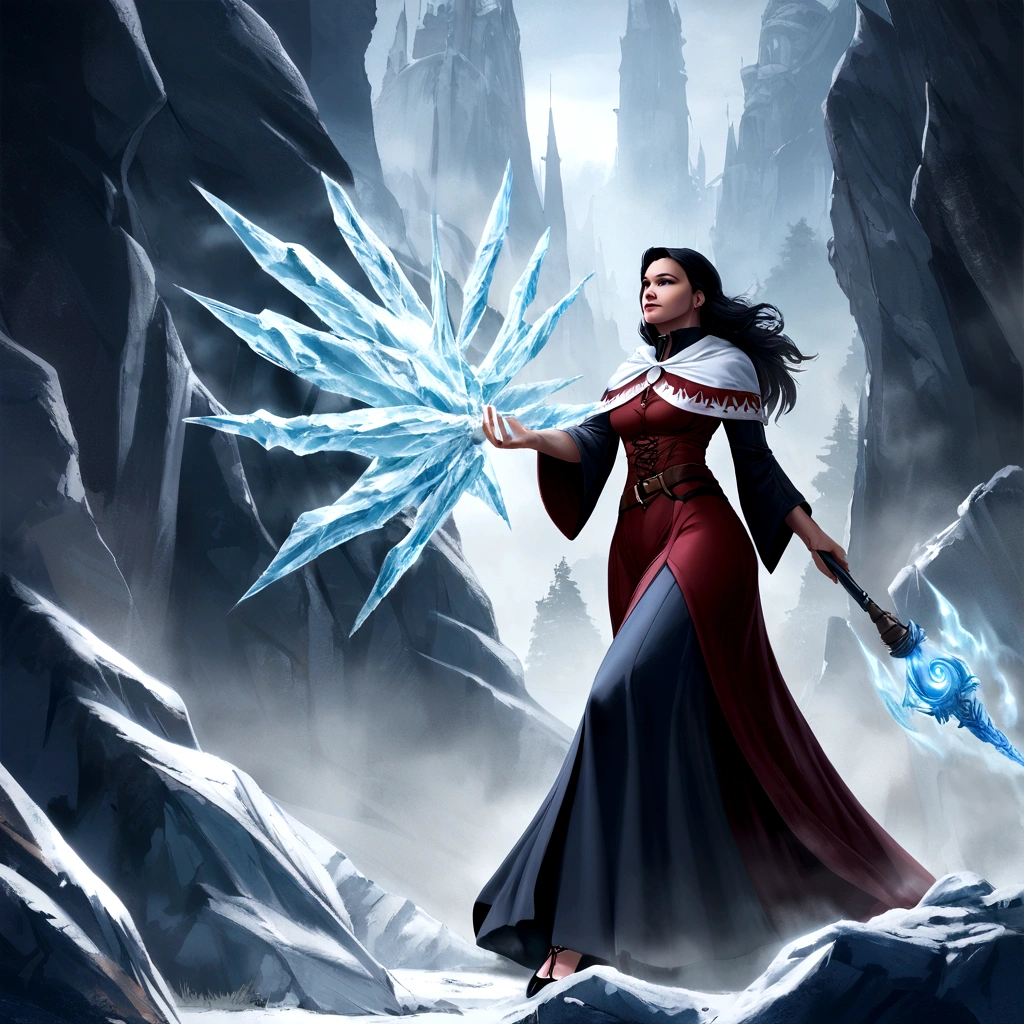 Black hair, Female mage, long skirt, high-heels, Holding a magic staff, Ice magic,  by greg rutkowski 