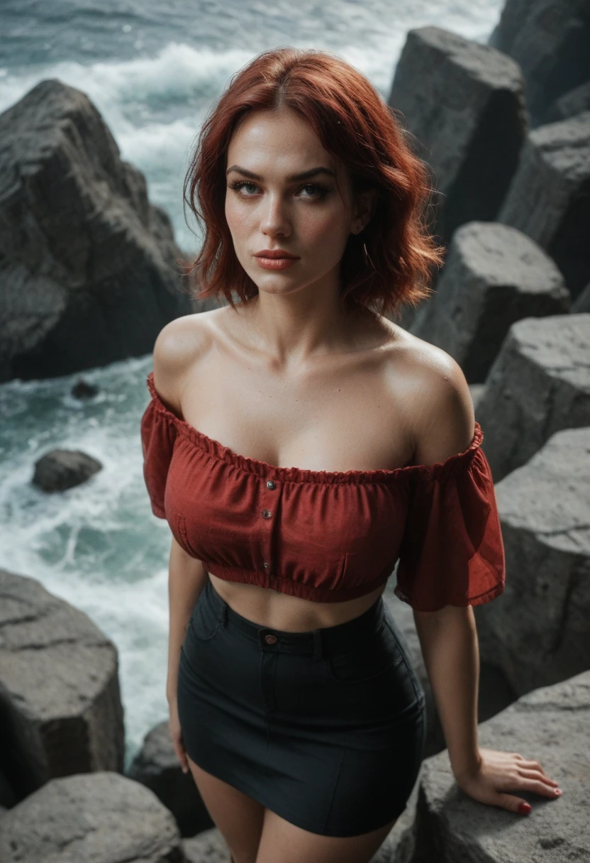 score_9, score_8_above, score_7_above, 1 girl,  25 and.o red-haired woman on a rocky stone breakwater in front of a stormy sea. Off Shoulder Top and Skirt, big breasts, natural light, 1 minute