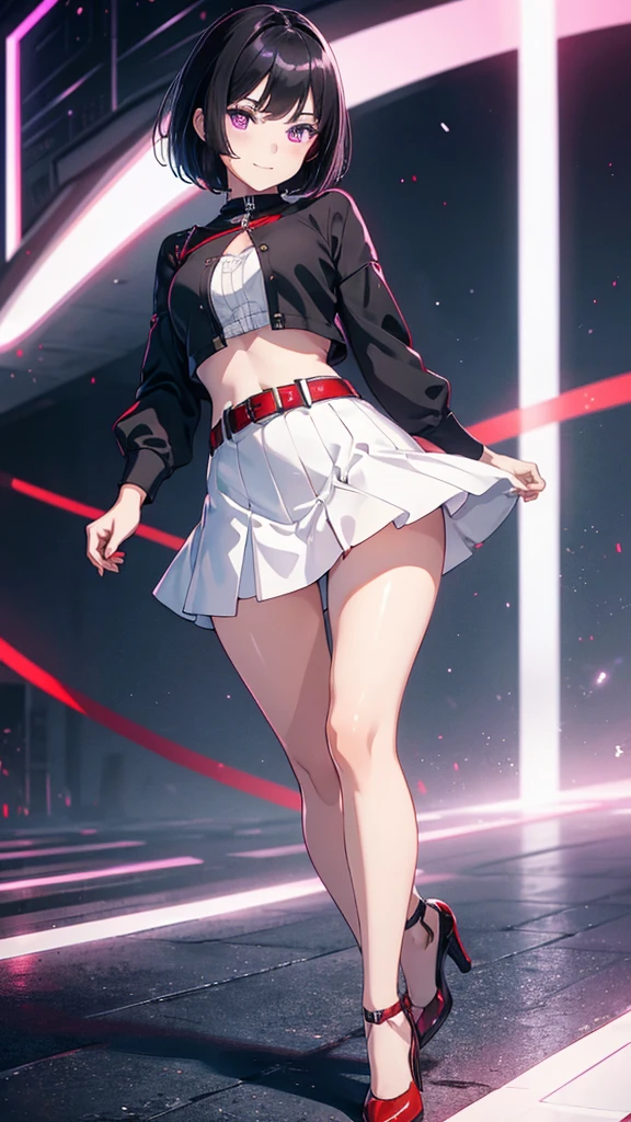 young girl, short black hair, violet eyes, smirk, full body, high quality, 4k, HD, Good detail, white top, red mini skirt, belt, heels