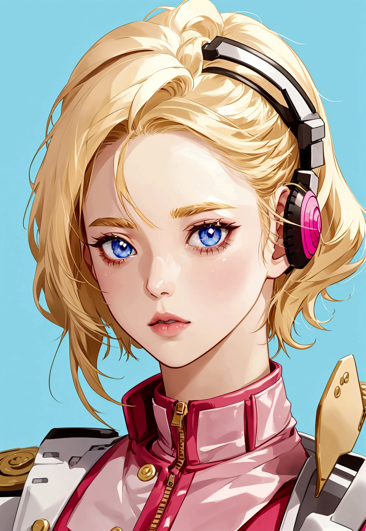 A detailed anime-style illustration of a young woman. She has short blonde hair that falls just above her shoulders, with a straight and smooth texture that has a slight shine. Her eyes are large and blue, with a serious and determined expression. She has a small, well-defined nose and a subtle curve to her lips. She is wearing a headset microphone attached to her ear. She is dressed in a pink uniform with white accents, a red collar, and gold trim. The uniform has shoulder epaulets and a zipper running down the front. Pay special attention to the shape and color of her eyes, the smooth and shiny texture of her blonde hair, the subtle curve of her lips, and the small, well-defined nose. The background should be plain to keep the focus on the character.