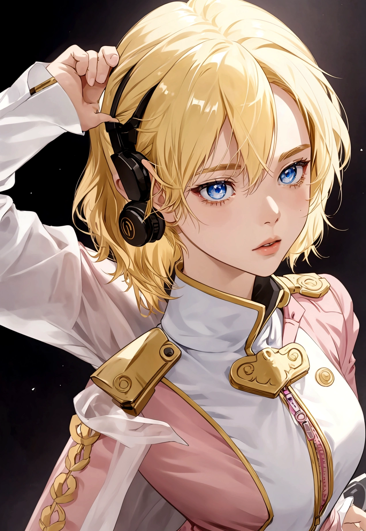 A detailed anime-style illustration of a young woman. She has short blonde hair that falls just above her shoulders, with a straight and smooth texture that has a slight shine. Her eyes are large and blue, with a serious and determined expression. She has a small, well-defined nose and a subtle curve to her lips. She is wearing a headset microphone attached to her ear. She is dressed in a pink uniform with white accents, a red collar, and gold trim. The uniform has shoulder epaulets and a zipper running down the front. Pay special attention to the shape and color of her eyes, the smooth and shiny texture of her blonde hair, the subtle curve of her lips, and the small, well-defined nose. The background should be plain to keep the focus on the character.